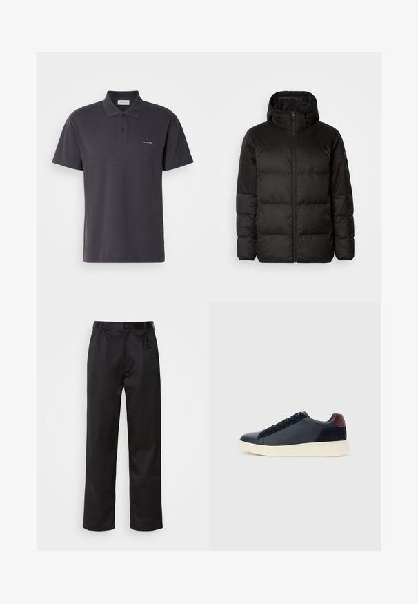 Mustikas puffer-jakk sisaldab tõmblukku, kapuutsi, tikandiga osi ja elastseid mansette, valmistatud siledast veekindlast materjalist.; Tumehall polo-särk, mis on valmistatud siledast kangast, millel on krae, kahe nupuga esitasku ja väike brodeeritud logo rinnal.; Mustadest siledast kangast pükstest, millel on ees nupu sulgemine, voldid ja sirged sääred. Ei mingeid nähtavaid mustreid ega aktsente.; Madala stiilis meeste toss mustast nahast ja seemisnahast, marooni värvi kanna detailiga ja valge kummist tallaga, vaatega välisküljelt.