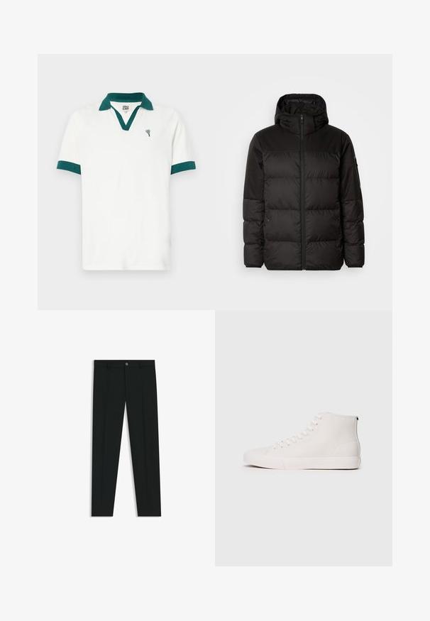Svart puffjacka med blixtlås, huva, quiltade sektioner och elastiska mudd, tillverkad av ett slätt, vattentåligt material.; Vit polo t-shirt med en turkos krage och ärmdekorationer, med en liten hjärtformad logotyp. Tillverkad av ett slätt tyg med klassisk skärning.; Svarta dressbyxor med rak bendesign, gjorda av ett mjukt tyg. Har stängning med frontknapp och bälteshällor. Enfärgade utan mönster.; Höga sneakers i vit canvas med en strukturerad yta, försedda med vita öglor och en gummisula. Enkelt design med kontrasterande sömmar.