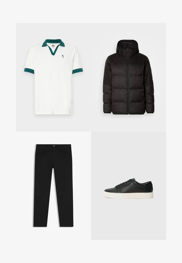 Musta puhvijakku sisältää vetoketjun, hupun, tilkuista koostuvia osioita ja joustavat hihansuut. Se on valmistettu sileästä, vedenpitävästä materiaalista.; Valkoinen polo-paita, jossa on teal-värinen kaulus ja hihansuut, ja jossa on pieni sydämen muotoinen logo. Valmistettu sileästä kankaasta klassisella leikkauksella.; Musta farkkutakki suoran leikkauksen kanssa, varustettuna tavallisella vyötäröllä, viidellä taskulla ja nappisulkimella. Yhtenäinen sileä pinta.; Mustat nahkasneakersit rei'itetyllä pinnalla, pyöreällä varvalla ja litteällä valkoisella kumipohjalla. Varustettu mustilla nauhoilla ja hienovaraisella logolla sivussa.