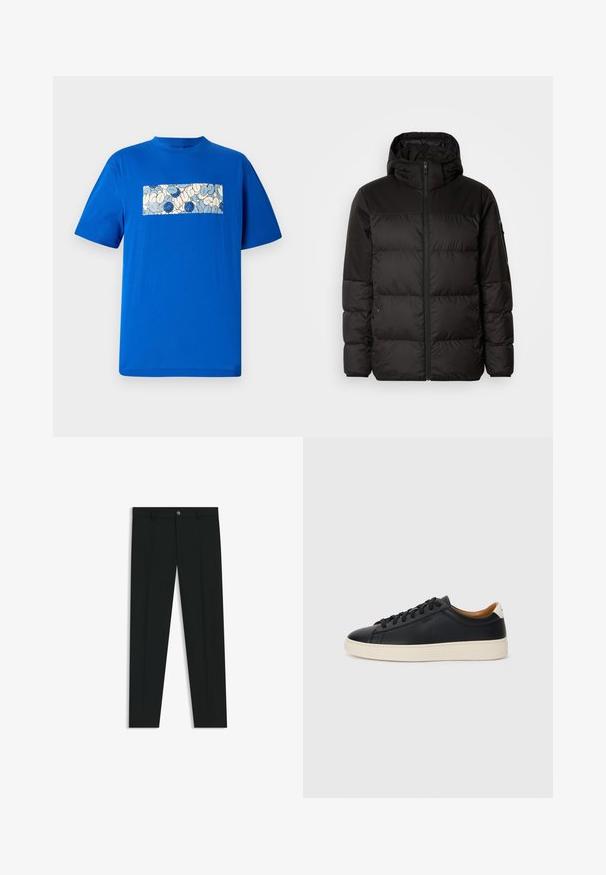 La chaqueta acolchada negra tiene un cierre de cremallera, capucha, secciones acolchadas y puños elásticos, hecha de un material suave y resistente al agua.; Camiseta de algodón azul con un diseño gráfico rectangular que presenta formas redondeadas y acentos azules sobre un fondo claro. Mangas cortas.; Pantalones de vestir negros con un diseño de pierna recta, hechos de una tela suave. Cuentan con un cierre frontal de botón y lazos para cinturón. Liso, sin patrones.; Zapatillas negras de cuero con una textura suave, suela de goma beige, diseño de cordones y un acento en el talón de color contrastante.