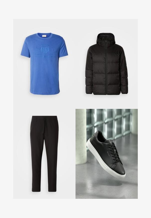 A jaqueta puffer preta apresenta um fecho zip, um capuz, secções acolchoadas e punhos elásticos, confeccionada em um material liso e resistente à água.; T-shirt de algodão azul com decote redondo. Apresenta um logótipo em relevo no centro que diz "GANT 1949 AMERICAN SPORTSWEAR." Mangas curtas.; Calças de jogging pretas feitas de tecido liso. Apresentam uma cintura elástica com cordão, pernas ligeiramente ajustadas e sem bolsos visíveis. Design simples.; Sapatilha de couro preto com sola de borracha branca, bico redondo e atacadores. Apresenta uma textura suave e uma marcação subtil na língua.