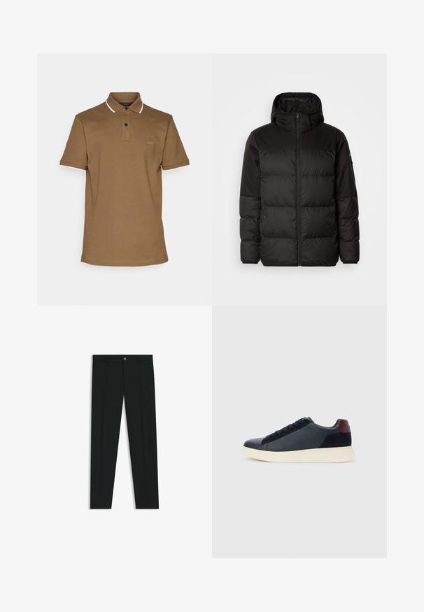 Black puffer jacket features a zip closure, a hood, quilted sections, and elastic cuffs, made from a smooth, water-resistant material.; Brown polo shirt with a collar, white trim on sleeves, two-button placket, and a small logo patch on the chest. Cotton blend fabric.; Black dress pants with a straight-leg design, made of smooth fabric. Features a front button closure and belt loops. Plain without patterns.; Low-top men's sneaker in black leather and suede with maroon heel tab and white rubber sole, viewed from the outer side.