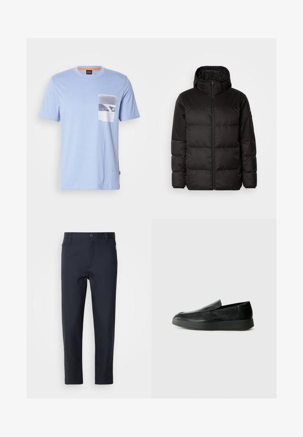 Melna pūkainā jakā iezīmes ir rāvējslēdzēja aizdare, kapuce, kvadrātveida šuves un elastīgas aproces, izgatavota no gludas, ūdensizturīgas vielas.; Gaiši zils T-krekls no mīksta kokvilnas, ar krūšu kabatu, kurā ir melnbalts grafiskais dizains. Īsas piedurknes un apaļa kakla izgriezums.; Navy zila piegrieztu bikses no gludas auduma, ar rāvējo jāšanu kabatu, taisnām kājām un pogu aizdari jostasvietā.; Calvin Klein HYBRID CUP - Mokasīni - triple black