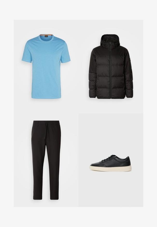 Černá péřová bunda má zipový uzávěr, kapuci, prošívané části a elastické manžety, vyrobená z hladkého, voděodolného materiálu.; BOSS TEGOOD - Jednoduché tričko - open blue; Černé teplákové kalhoty vyrobené z hladké látky. Mají elastický pas se šňůrkou, zúžené nohavice a žádné viditelné kapsy. Jednoduchý design.; Černé kožené nízké tenisky s černými tkaničkami a slonovinovou podešví, zobrazené v bočním profilu na bílém pozadí.