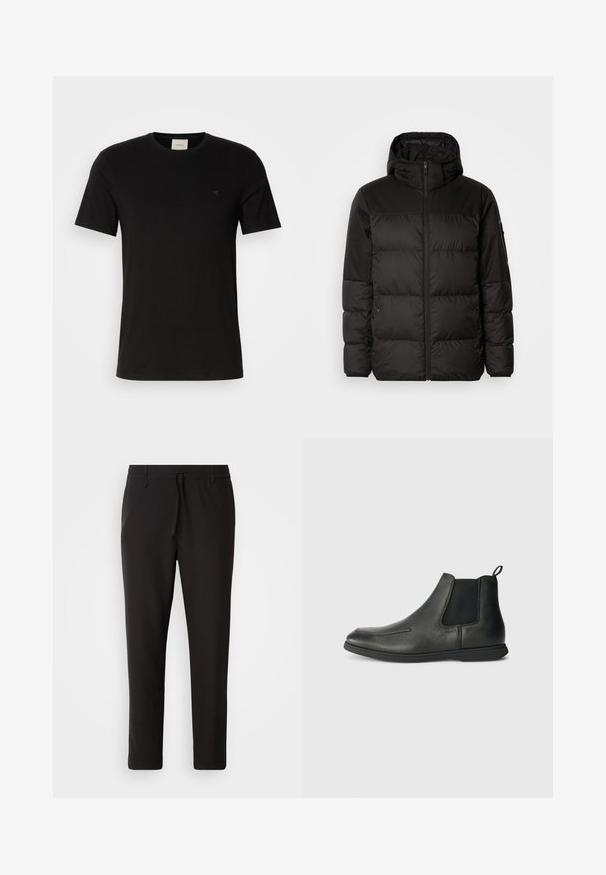 Črna zimska jakna ima zadrgo, kapuco, prešite odseke in elastične manšete, izdelana je iz gladkega, vodoodpornega materiala.; Črna bombažna majica s kratkimi rokavi, okroglim izrezom in majhnim logotipom Calvin Klein na prsih. Gladka tekstura, klasičen kroj.; Črne jogger hlače iz gladkega blaga. Imajo elastičen pas z vrvico, zožane hlačnice in brez vidnih žepov. Enostaven dizajn.; Črne usnjene gležnjarje z gladko teksturo, elastičnimi stranskimi paneli in zanko na zadnji strani. Okrogla konica in gumijast podplat.