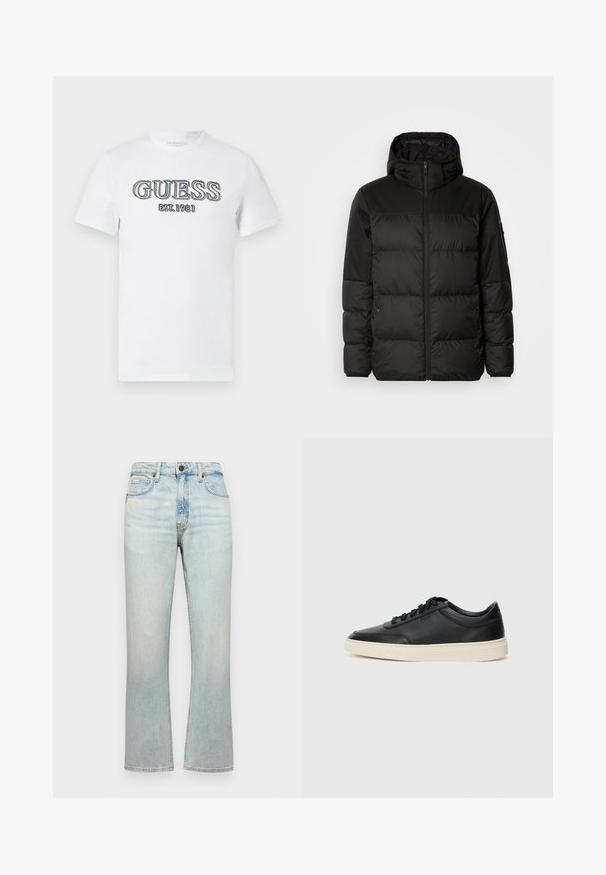 Juodas pūkinis švarkas turi užtrauktuką, gobtuvą, siūlinčius skyrius ir elastinius rankogalius, pagamintas iš lygaus, vandeniui atsparaus medžiagos.; Balta trumpomis rankovėmis marškinėliai, pagaminti iš medvilnės, su spalvotu siuvinėtų "GUESS" logotipu ir "EST. 1981" tekstu priekyje.; Šviesiai mėlyni džinsai su aukštu liemeniu, tiesaus kirpimo ir šiek tiek nusidėvėję. Turi penkis kišenių ir metalinį mygtuko užsegimą.; Juoda žema viršutinė odinė sportbačiai su juodais raišteliais ir kreminiu padu, pateikti šoniniame profilyje ant baltos fono.
