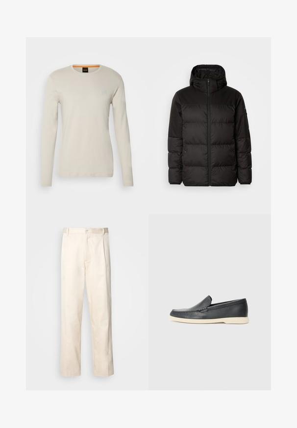 A fekete steppelt dzseki cipzáros záródással, kapucnival, steppelt részekkel és rugalmas mandzsettákkal rendelkezik, sima, vízálló anyagból készült.; Hosszú ujjú, világos bézs pamut ing, kerek kivágással és egy kis, szürkével kiemelt négyzet alakú logóval a mellkason.; Beige pamut nadrág egyenes szárú kivágással, gombos záródással és elülső redőkkel a részletek fokozása érdekében.; Fekete bőr, slip-on stílusú loaferek, texturált felülettel és kontrasztos bézs gumitalppal. A frontrészén finom díszítéssel rendelkezik.