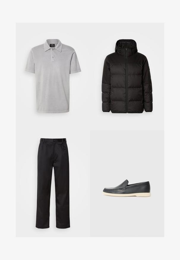 Il giubbotto puffo nero presenta una chiusura con zip, un cappuccio, sezioni trapuntate e polsini elastici, realizzato in un materiale liscio e resistente all'acqua.; Mads Nørgaard PIGMENT DYE - Polo - titanium; Pantaloni neri realizzati in tessuto morbido, con chiusura frontale a bottone, pieghe e gambe dritte. Nessun motivo o accento visibile.; Mocassini neri in pelle con finitura testurizzata e suola in gomma beige a contrasto. Presentano un accento sottile lungo la parte anteriore.