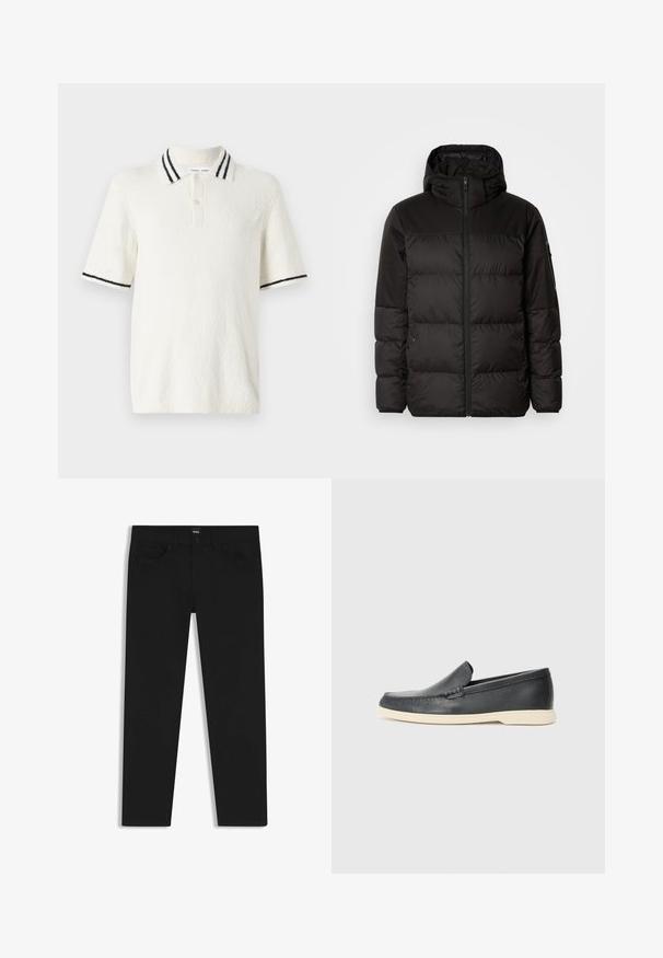 Black puffer jacket features a zip closure, a hood, quilted sections, and elastic cuffs, made from a smooth, water-resistant material.; Short-sleeve polo shirt in off-white textured fabric, featuring a knit collar with two black stripes and a three-button placket.; Black denim trousers with a straight cut, featuring a standard waistband, five pockets, and a button closure. Smooth texture throughout.; Black leather slip-on loafers with a textured finish and a contrasting beige rubber sole. Features a subtle accent along the front.