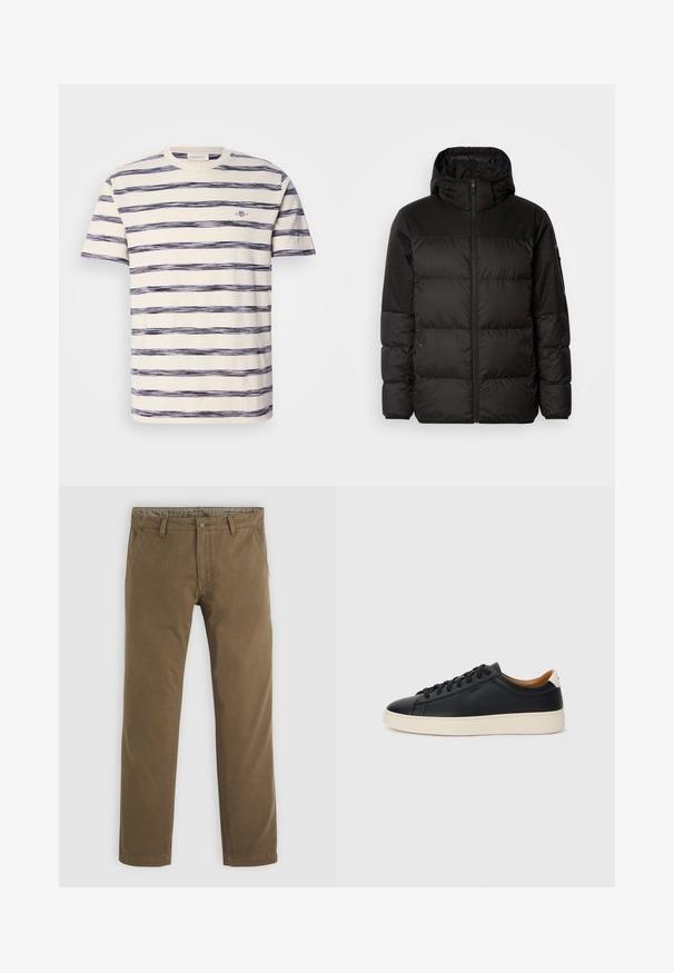 Black puffer jacket features a zip closure, a hood, quilted sections, and elastic cuffs, made from a smooth, water-resistant material.; Striped short-sleeve t-shirt in cream with navy-blue uneven horizontal stripes, featuring a small logo on the chest. Soft cotton fabric.; Khaki cotton pants with a straight leg design, featuring a button closure, two front pockets, and a smooth texture.; Black leather sneakers with a smooth texture, beige rubber sole, lace-up design, and a contrasting heel accent.