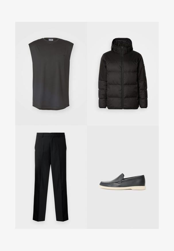 Il giubbotto puffo nero presenta una chiusura con zip, un cappuccio, sezioni trapuntate e polsini elastici, realizzato in un materiale liscio e resistente all'acqua.; ICANIWILL STRIDE SLEEVELESS MEN - Top - graphite; Pantaloni neri su misura con taglio dritto, dotati di chiusura a bottone, zip e passanti per cintura. Tessuto liscio con tasche laterali.; Mocassini neri in pelle con finitura testurizzata e suola in gomma beige a contrasto. Presentano un accento sottile lungo la parte anteriore.