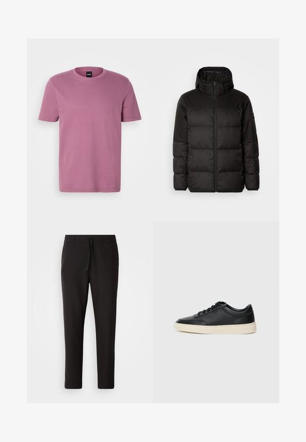 Černá péřová bunda má zipový uzávěr, kapuci, prošívané části a elastické manžety, vyrobená z hladkého, voděodolného materiálu.; Krátký rukáv, tričko s kulatým výstřihem ve světle fialové barvě, vyrobené z texturované bavlny, s klasickým střihem a vyztuženým výstřihem.; Černé teplákové kalhoty vyrobené z hladké látky. Mají elastický pas se šňůrkou, zúžené nohavice a žádné viditelné kapsy. Jednoduchý design.; Černé kožené nízké tenisky s černými tkaničkami a slonovinovou podešví, zobrazené v bočním profilu na bílém pozadí.