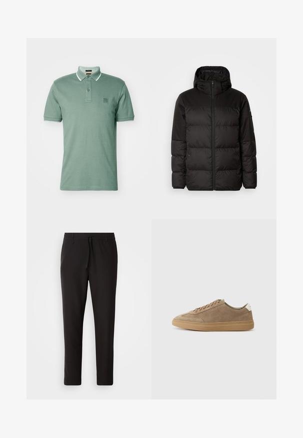Čierna prešívaná bunda má zips, kapucňu, prešívané sekcie a elastické manžety, vyrobená z hladkého, vodeodolného materiálu.; BOSS PASSERTIP - Polokošeľa - open green; Čierne jogger nohavice vyrobené z hladkej tkaniny. Majú elastický pás s šnúrkou, zúžené nohavice a žiadne viditeľné vrecká. Jednoduchý dizajn.; Semišové tenisky v svetlohnedej farbe s gumovou podrážkou. Majú šnurovací dizajn a minimalistický štýl, doplnený bielym pätkovým štítkom.