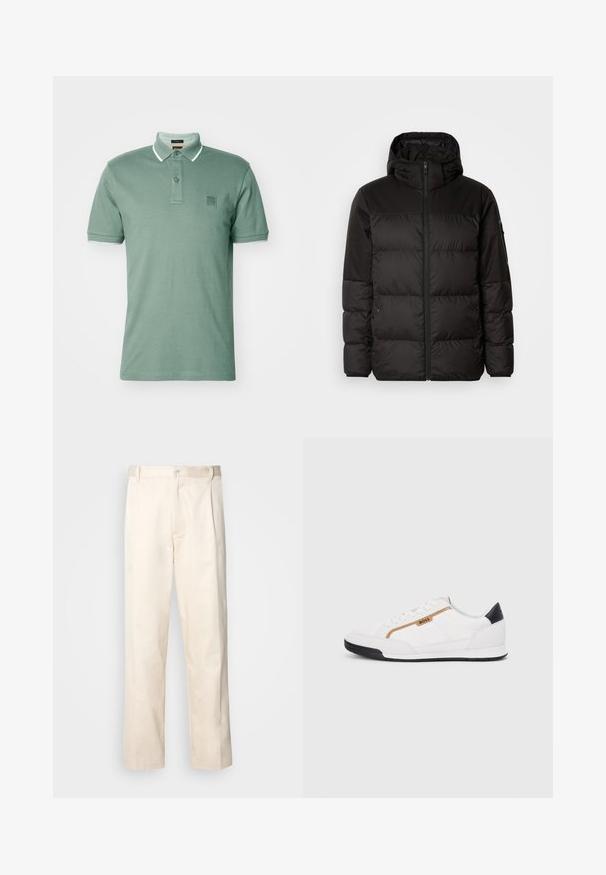 Geacă puffer neagră cu închidere cu fermoar, glugă, secțiuni quilted și manșete elastice, realizată dintr-un material neted, rezistent la apă.; BOSS PASSERTIP - Bluză polo - open green; Pantaloni din bumbac bej, cu croială dreaptă, dotati cu închidere cu nasture și pliuri în față pentru un plus de detaliu.; Adidași albi cu detalii din plasă și piele. Prezintă un logo auriu "BOSS", panouri laterale texturate și un capac pentru călcâi negru. Talpă din cauciuc.
