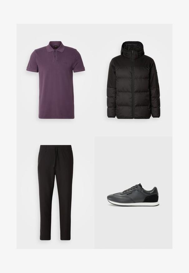 Juodas pūkinis švarkas turi užtrauktuką, gobtuvą, siūlinčius skyrius ir elastinius rankogalius, pagamintas iš lygaus, vandeniui atsparaus medžiagos.; Violetinės medvilninės polo marškinėliai su klasikiniu apykakle, dviem mygtukais ir trumpomis rankovėmis. Subtilus logotipas ant krūtinės. Glenka tekstūra.; Juodi džinsai, pagaminti iš lygaus audinio. Yra elastinė juosmens juosta su raišteliu, siaurėjantys džinsai, be matomų kišenių. Paprastas dizainas.; Juoda sportinė avalynė su oda viršutine dalimi, perforuotais akcentais, zomšiniais akcentais ir balta guma pagrindu. Klasikinis raištelių užsegimas.