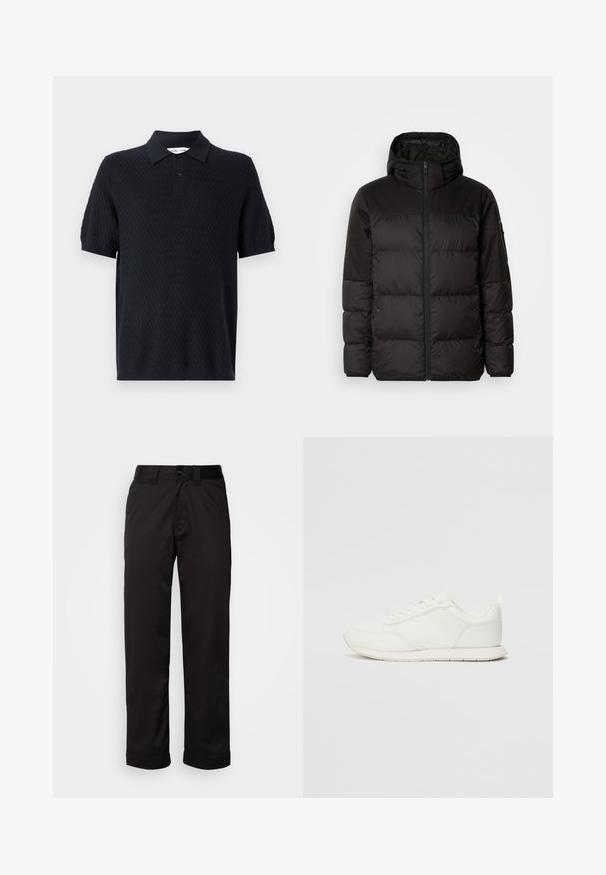 Musta puhvijakku sisältää vetoketjun, hupun, tilkuista koostuvia osioita ja joustavat hihansuut. Se on valmistettu sileästä, vedenpitävästä materiaalista.; Musta poolapaita, jossa on teksturoitu zigzag-kuvio, lyhyet hihat ja kaulus, jossa on kaksi nappia. Valmistettu hengittävästä kankaasta.; Mustat housut, jotka on valmistettu sileästä kankaasta. Ne sisältävät vetoketjukiinnityksen, napin sulkemisen sekä käärityt lahkeet rentoa muotoilua varten.; Valkoiset tennarit, joissa on verkkokankainen ja synteettinen yläosa, pyöreä kärki, litteät nauhat sekä teksturoitu sivuviiru. Kumipohja ja vetoketju takana.