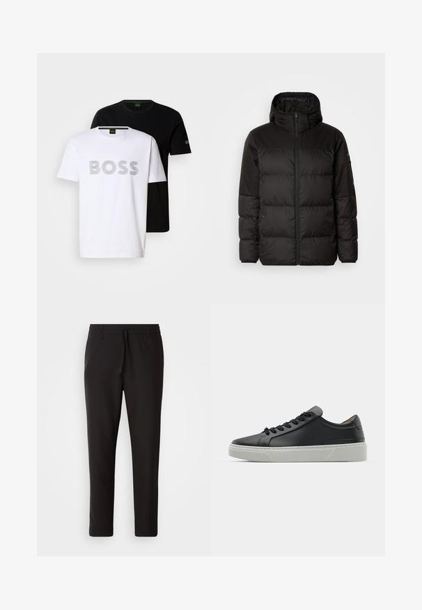 Juodas pūkinis švarkas turi užtrauktuką, gobtuvą, siūlinčius skyrius ir elastinius rankogalius, pagamintas iš lygaus, vandeniui atsparaus medžiagos.; Du tamsių apvalios iškirptės marškinėlių pora; vieni balti su pilkomis juostelėmis ir "BOSS" spauda, kiti juodi su maža "BOSS" logotipu ant rankovės.; Juodi džinsai, pagaminti iš lygaus audinio. Yra elastinė juosmens juosta su raišteliu, siaurėjantys džinsai, be matomų kišenių. Paprastas dizainas.; Juodas odinis sportinis batelis su lygiu paviršiumi, apvalia nosimi ir juodomis raišteliais. Yra storas baltas guminis padas su subtiliais geometriniais akcentais.