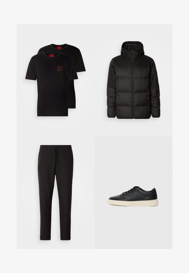 Geacă puffer neagră cu închidere cu fermoar, glugă, secțiuni quilted și manșete elastice, realizată dintr-un material neted, rezistent la apă.; Două tricouri negre din bumbac cu decolteu rotund. Prezintă un logo roșu "HUGO" pe piept. Design simplu, mâneci scurte și croială regulară.; Pantaloni de jogging negri, confecționați dintr-un material neted. Prezintă un talie elastică cu șnur, picioare conice și fără buzunare vizibile. Design simplu.; Sneaker din piele neagră, cu vârf jos, cu șireturi negre și talpă de un alb murdar, prezentat în profil lateral, pe un fundal alb.