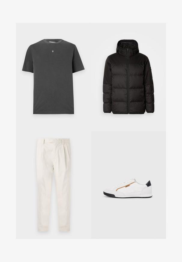 Čierna prešívaná bunda má zips, kapucňu, prešívané sekcie a elastické manžety, vyrobená z hladkého, vodeodolného materiálu.; Tmavohnedé bavlnené tričko s okrúhlym výstrihom a krátkymi rukávmi; na hrudi sa nachádza malé, centrované logo v bielej farbe.; Biele plisované nohavice s prispôsobeným strihom, s hladkou textúrou, pútkami na opasok a zúženými nohavicami. Žiadne viditeľné vrecká ani vzory.; Biele športové topánky s akcentmi z korku a kože. Obsahujú zlaté logo "BOSS", textúrované bočné panely a čierny pätník. Gumová podrážka.