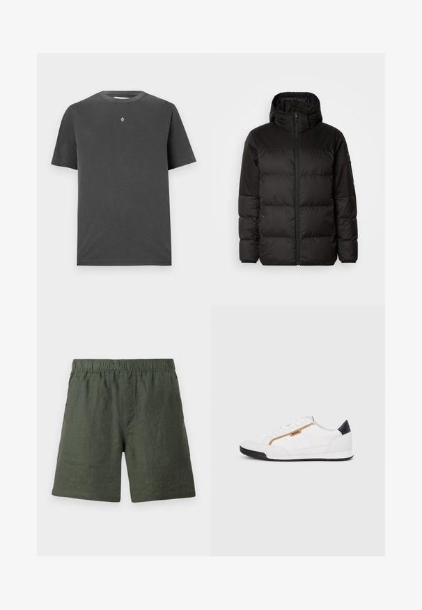 Melna pūkainā jakā iezīmes ir rāvējslēdzēja aizdare, kapuce, kvadrātveida šuves un elastīgas aproces, izgatavota no gludas, ūdensizturīgas vielas.; Tumši pelēks kokvilnas krekls ar apaļu apakšējo kaklu un īsām piedurknēm; uz krūtīm ir neliels, centrēts balts logo.; Zaļi lina šorti ar elastīgu jostasvietu, taisna kāju griezuma un gludu faktūru, kas izceļas ar vienkāršu šuvumu bez papildu rotājumiem.; Baltijas krāsā baltas sporta kurpes ar acu un ādas akcentiem. Iezīmējas ar zelta "BOSS" logo, teksturētām sānu paneļiem un melnu papēža kapu. Gumijas zole.