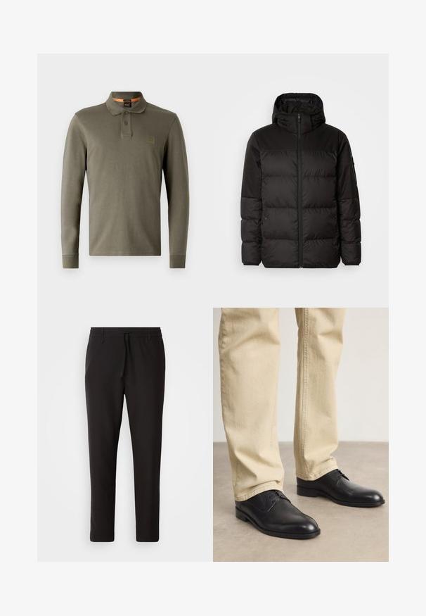 Zwarte pufferjas met ritsluiting, een capuchon, gequiltte secties en elastische manchetten, gemaakt van een glad, waterafstotend materiaal.; Langsleeve olijfgroene polo met een klassieke kraag, twee knoopsluitingen en een reliëflogo patch, gemaakt van zachte katoen.; Zwarte joggingsbroek van gladde stof. Kenmerkt zich door een elastische tailleband met een trekkoord, taps toelopende benen en geen zichtbare zakken. Eenvoudig ontwerp.; Zwarte leren veterschoenen met een ronde neus, een gladde afwerking en subtiele stikdetails, gedragen met lichtbeige broeken.
