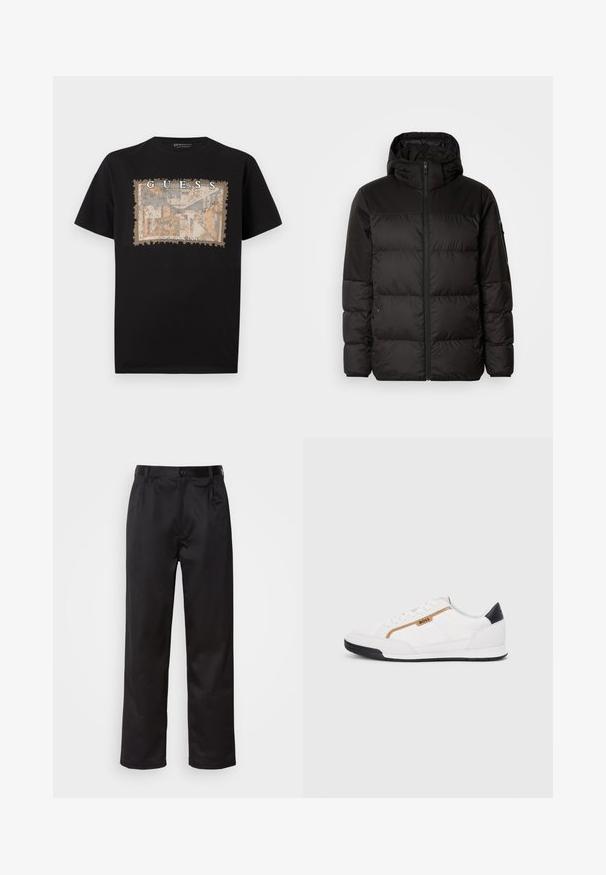 Černá péřová bunda má zipový uzávěr, kapuci, prošívané části a elastické manžety, vyrobená z hladkého, voděodolného materiálu.; Černé bavlněné tričko s texturovaným obdélníkovým grafickým potiskem v béžové a modré barvě, s tučným bílým textem "GUESS" a "LOS ANGELES".; Černé kalhoty vyrobené z hladké tkaniny, se zapínáním na přední knoflík, sklady a rovnými nohavicemi. Bez viditelných vzorů nebo doplňků.; Bílé sportovní boty s akcenty z meshe a kůže. Mají zlaté logo "BOSS", texturované boční panely a černý podpatek. Gumová podrážka.