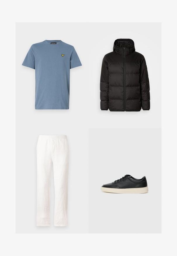 A fekete steppelt dzseki cipzáros záródással, kapucnival, steppelt részekkel és rugalmas mandzsettákkal rendelkezik, sima, vízálló anyagból készült.; Lyle & Scott Basic póló - mist blue; Fehér len nadrág, rugalmas derékpánttal, egyenes lábbal és enyhén texturált anyagból. Nincsenek minták vagy további részletek.; Fekete, alacsony szárú bőrsneaker fekete fűzőkkel és törtfehér talppal, oldalnézetben, fehér háttér előtt.