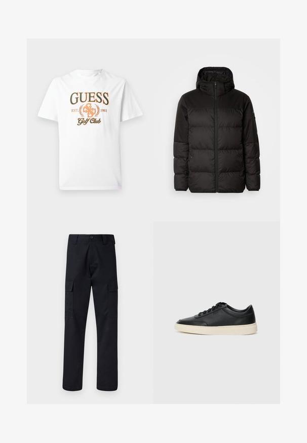 Schwarze Pufferjacke mit Reißverschluss, Kapuze, gesteppten Abschnitten und elastischen Bündchen, hergestellt aus einem glatten, wasserabweisenden Material.; Weißes T-Shirt aus Baumwolle mit orangefarbenem "GUESS Golf Club"-Grafikdesign, umrahmt von Lorbeerakzenten und dem Gründungsjahr 1981. Klassisches Rundhalsdesign.; Schwarze Cargo-Hose aus robustem Stoff, mit geradem Bein, zwei Seitentaschen und einem Knopfverschluss am Bund.; Schwarzer niedriger Ledersneaker mit schwarzen Schnürsenkeln und cremefarbenem Sohlenrand, seitlich auf weißem Hintergrund dargestellt.