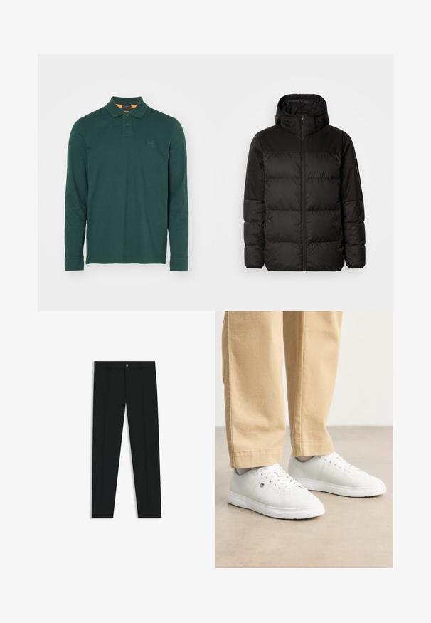 Sort pufferjakke med lynlås, hætte, quiltede sektioner og elastiske manchetter, lavet af et glat, vandafvisende materiale.; Langærmet polo shirt i mørkegrøn bomuld, med klassisk krave, to-knaps placket og et rektangulært logo-patch på brystet.; Sorte dressbukser med lige ben-design, lavet af glat stof. Har en frontlukning med knap og bæltestropper. Enkle uden mønstre.; Hvide lædersneakers med glat overflade, rund tå, snørebåndsdesign og diskret logodetalje på siden, parret med beige bukser.