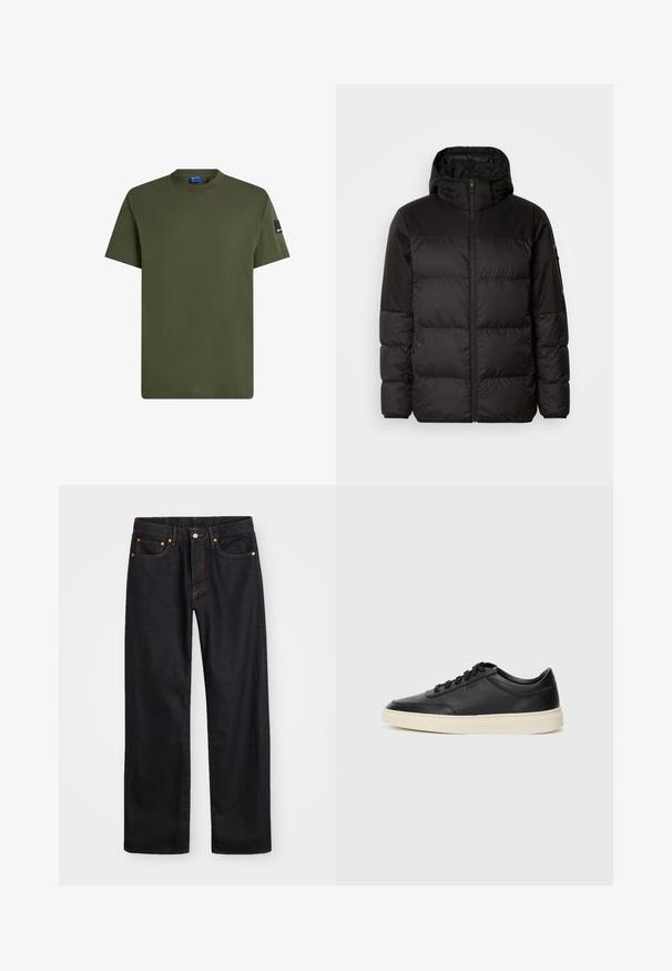 Črna zimska jakna ima zadrgo, kapuco, prešite odseke in elastične manšete, izdelana je iz gladkega, vodoodpornega materiala.; Olivno zelena majica s kratkimi rokavi iz bombaža. Ima okroglo izrezovanje in majhno črno oznako na levem rokavu. Gladka tekstura.; Moške črne kavbojke ravnega kroja z petimi žepi in oranžnim šivanjem, z gumbom in zadrgo na sprednjem pasu.; Črne nizke usnjene teniske s črnimi vezalkami in svetlo belo podplatom, prikazane v stranskem profilu na beli podlagi.