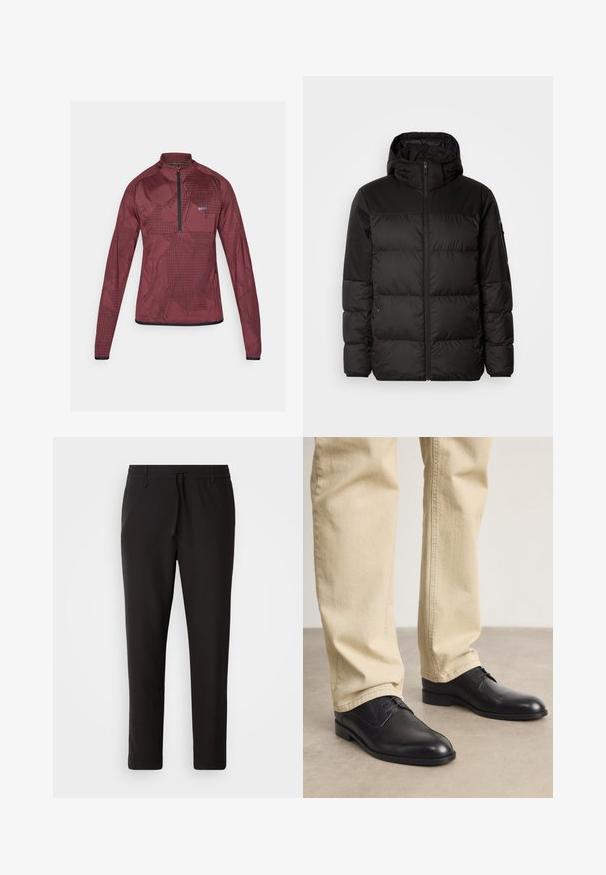 A fekete steppelt dzseki cipzáros záródással, kapucnival, steppelt részekkel és rugalmas mandzsettákkal rendelkezik, sima, vízálló anyagból készült.; Bordó fél cipzáros pulóver dzseki geometrikus mintázattal, hosszú ujjal és fekete szegéllyel. Az anyag sima, texturált felületű.; Fekete jogger nadrág sima anyagból. Rugalmas derekú, húzózsinórral, tapered lábakkal és látható zsebek nélkül készül. Egyszerű dizájn.; Fekete bőrfűzős cipő kerek orral, sima felülettel és finom varrási részletekkel, világos bézs nadrággal viselve.