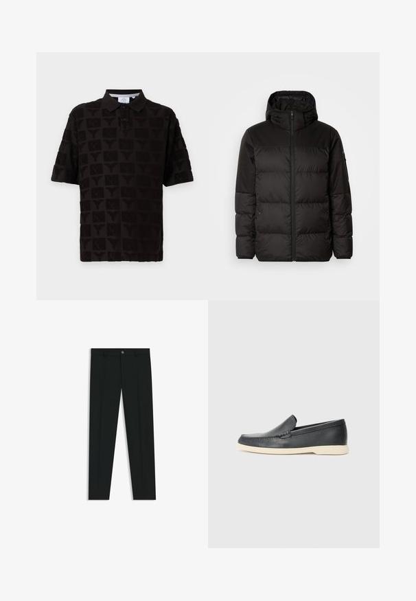 Musta puhvijakku sisältää vetoketjun, hupun, tilkuista koostuvia osioita ja joustavat hihansuut. Se on valmistettu sileästä, vedenpitävästä materiaalista.; Musta polo-paita, jossa on teksturoitu kuvio toistuvilla muodoilla. Napillinen kaulus kolmella napilla ja lyhyet hihat.; Musta housut, joissa on suora lahje, valmistettu sileästä kankaasta. Edessä nappisulku ja vyölenkit. Yksinkertainen ilman kuvioita.; Mustat nahkakengät ilman nauhoja, joissa on teksturoitu pinta ja kontrastoiva beige kumipohja. Kengissä on hillitty yksityiskohta etuosassa.