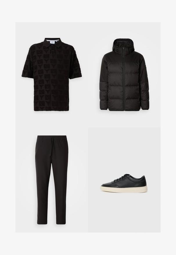 Čierna prešívaná bunda má zips, kapucňu, prešívané sekcie a elastické manžety, vyrobená z hladkého, vodeodolného materiálu.; Čierna polokošeľa s textúrovaným dizajnom s opakujúcimi sa vzormi. Golier so zapínaním na gombíky s troj gombíkovým zapínaním a krátkymi rukávmi.; Čierne jogger nohavice vyrobené z hladkej tkaniny. Majú elastický pás s šnúrkou, zúžené nohavice a žiadne viditeľné vrecká. Jednoduchý dizajn.; Čierne nízkoprevádzkové kožené tenisky s čiernymi šnúrkami a krémovou podrážkou zobrazené v bočnom profile na bielom pozadí.