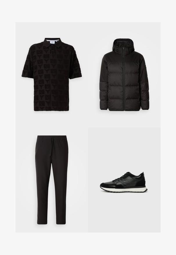 Čierna prešívaná bunda má zips, kapucňu, prešívané sekcie a elastické manžety, vyrobená z hladkého, vodeodolného materiálu.; Čierna polokošeľa s textúrovaným dizajnom s opakujúcimi sa vzormi. Golier so zapínaním na gombíky s troj gombíkovým zapínaním a krátkymi rukávmi.; Čierne jogger nohavice vyrobené z hladkej tkaniny. Majú elastický pás s šnúrkou, zúžené nohavice a žiadne viditeľné vrecká. Jednoduchý dizajn.; Čierne tenisky s texturovanou kožou a semišovými materiálmi, s bielou medzipodrážkou a systémom šnurovania. Na boku viditeľné loga značky.