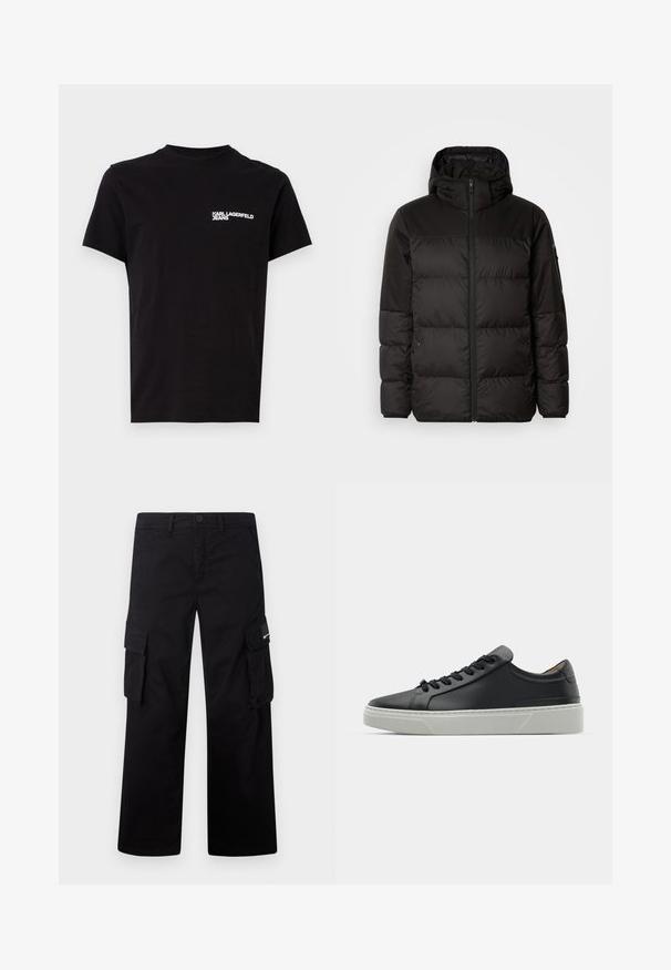 Black puffer jacket features a zip closure, a hood, quilted sections, and elastic cuffs, made from a smooth, water-resistant material.; Black t-shirt made of cotton, featuring a crew neck and short sleeves. Notable white logo text on the left chest area. Simple design.; Black cargo pants made of durable fabric, featuring a straight leg design, side pockets, and a button closure.; Black leather sneaker with a smooth texture, round toe, and black laces. Features a thick, white rubber sole with subtle geometric accents.