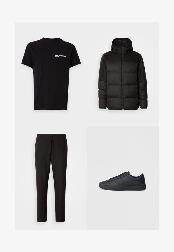 A jaqueta puffer preta apresenta um fecho zip, um capuz, secções acolchoadas e punhos elásticos, confeccionada em um material liso e resistente à água.; T-shirt preta feita de algodão, com gola redonda e mangas curtas. Texto de logótipo branco notável na área do lado esquerdo do peito. Design simples.; Calças de jogging pretas feitas de tecido liso. Apresentam uma cintura elástica com cordão, pernas ligeiramente ajustadas e sem bolsos visíveis. Design simples.; Ténis pretos feitos de couro liso com um design de cano baixo, bico redondo e sola de borracha plana. Apresentam atacadores e uma marcação discreta.