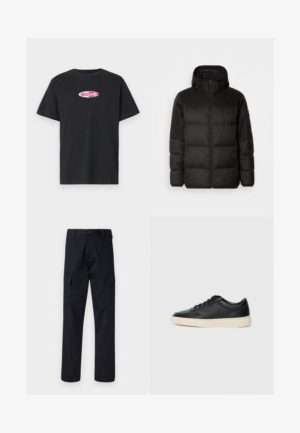 Melna pūkainā jakā iezīmes ir rāvējslēdzēja aizdare, kapuce, kvadrātveida šuves un elastīgas aproces, izgatavota no gludas, ūdensizturīgas vielas.; Melns kokvilnas t-krekls ar īsām piedurknēm, uz krūtīm redzams balts ovāls logotips ar uzrakstu "GUESS JEANS" sarkanās burti.; Melni kravas bikses, kas izgatavotas no izturīga auduma, ar taisnu kāju griezumu, divām sānu kabatām un pogu aizdari jostas vietā.; Melnas zemas ādas sporta kurpes ar melnām auklām un off-white zoli, rādītas no sānu profila uz baltā fona.