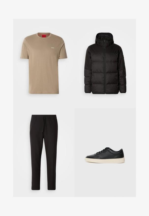 Black puffer jacket features a zip closure, a hood, quilted sections, and elastic cuffs, made from a smooth, water-resistant material.; Beige cotton t-shirt with crew neck, short sleeves, and small green "HUGO" logo on the chest. Smooth texture, casual fit.; Black jogger pants made of smooth fabric. Feature an elastic waistband with a drawstring, tapered legs, and no visible pockets. Simple design.; Black low-top leather sneaker with black laces and off-white sole shown in side profile on white background.