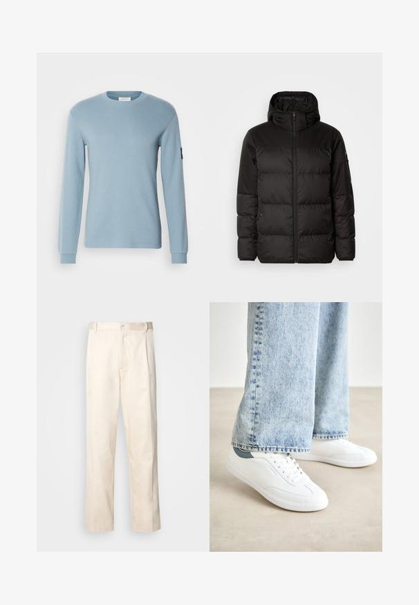 Crna puf jakna ima zatvaranje na zip, kapuljaču, kviltane dijelove i elastične manžete, izrađena je od glatkog, vodootpornog materijala.; Svijetloplava majica dugih rukava s okruglim izrezom i teksturiranim materijalom. Ima manžete na rukavima i malu crnu oznaku s logotipom na lijevoj ruci.; Bežaste pamučne hlače ravnog kroja s kopčanjem na dugme i plisiranjima sprijeda za dodatni detalj.; Bijele tenisice od glatkog materijala, s vezivanjem, teksturiranom gumom potplatom i tirkiznim detaljem na peti, u kombinaciji s svijetloplavim trapericama.