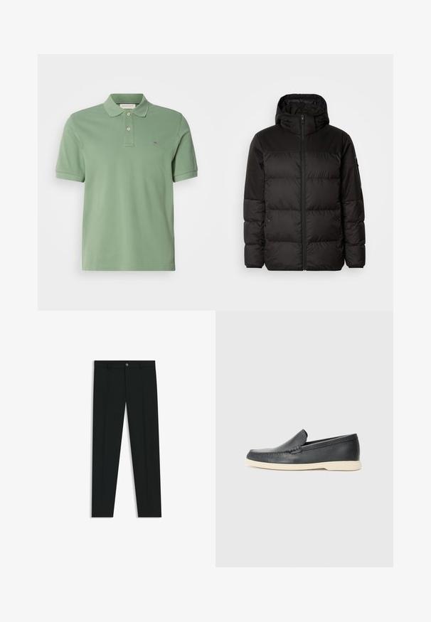 La chaqueta acolchada negra tiene un cierre de cremallera, capucha, secciones acolchadas y puños elásticos, hecha de un material suave y resistente al agua.; Camisa polo verde de algodón. Presenta un cuello con solapa y dos botones, además de un pequeño logotipo en el pecho. Mangas cortas, ajuste estándar.; Pantalones de vestir negros con un diseño de pierna recta, hechos de una tela suave. Cuentan con un cierre frontal de botón y lazos para cinturón. Liso, sin patrones.; Mocasines de piel negra sin cordones con un acabado texturizado y una suela de goma beige en contraste. Presentan un sutil acento en la parte frontal.