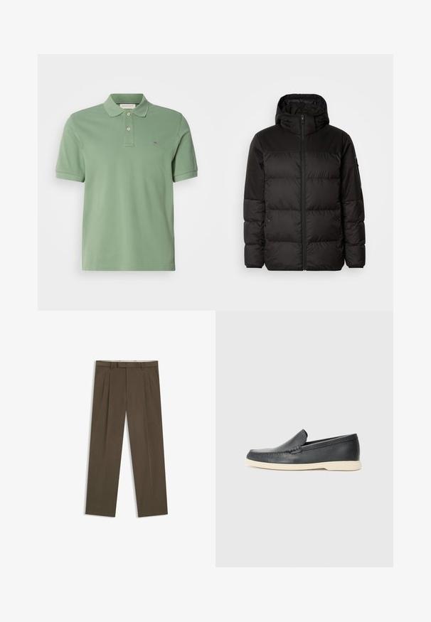 Sort pufferjakke med lynlås, hætte, quiltede sektioner og elastiske manchetter, lavet af et glat, vandafvisende materiale.; Grøn polo t-shirt lavet af bomuld. Har en kravehals med to knapper og et lille logo på brystet. Korte ærmer, normal pasform.; Brune plisserede bukser lavet af en blanding af bomuldsstof. Har en lige pasform, bæltestropper og sidelommer. Glat tekstur med minimal detaljering.; Sorte læder slip-on loafers med en struktureret overflade og en kontrasterende beige gummisål. Har en subtil detalje langs forsiden.