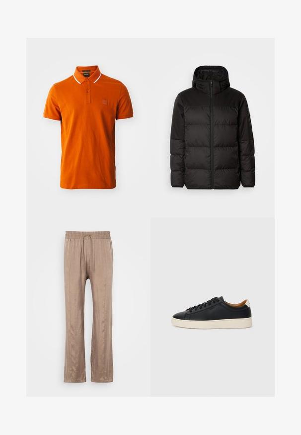 Črna zimska jakna ima zadrgo, kapuco, prešite odseke in elastične manšete, izdelana je iz gladkega, vodoodpornega materiala.; Oranžna polo majica iz bombaža, s prsnim delom z dvema gumboma, belimi poudarki na ovratniku in rokavih ter blagovno oznako.; Svetlo rjave široke hlače iz gladkega materiala, z elastičnim pasom in vrvico za zategovanje ter dvema sprednjima pregiboma.; Črne usnjene superge z gladko teksturo, bež gumijastim podplatom, zavezovalnim dizajnom in kontrastnim nagibom na peti.
