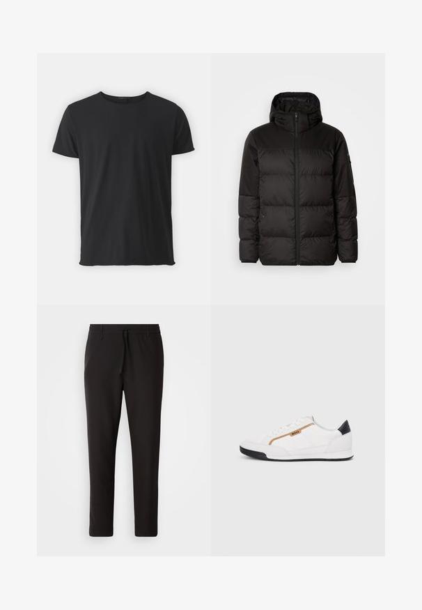 A jaqueta puffer preta apresenta um fecho zip, um capuz, secções acolchoadas e punhos elásticos, confeccionada em um material liso e resistente à água.; T-shirt preta de mangas curtas, feita de algodão macio, apresentando um acabamento clássico com gola redonda e uma textura suave, com corte reto.; Calças de jogging pretas feitas de tecido liso. Apresentam uma cintura elástica com cordão, pernas ligeiramente ajustadas e sem bolsos visíveis. Design simples.; Tênis atléticos brancos com detalhes em malha e couro. Apresenta um logotipo dourado "BOSS", painéis laterais texturizados e um capô de calcanhar preto. Sola em borracha.