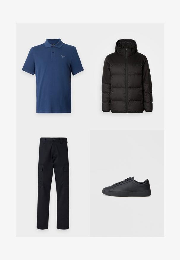 A jaqueta puffer preta apresenta um fecho zip, um capuz, secções acolchoadas e punhos elásticos, confeccionada em um material liso e resistente à água.; Polo de cor azul-marinho feito de algodão. Apresenta um colarinho clássico, mangas curtas e um pequeno logotipo da marca no lado esquerdo do peito.; Calças cargo pretas feitas de tecido resistente, com corte de perna direita, dois bolsos laterais e fecho de botão na cintura.; Ténis pretos feitos de couro liso com um design de cano baixo, bico redondo e sola de borracha plana. Apresentam atacadores e uma marcação discreta.