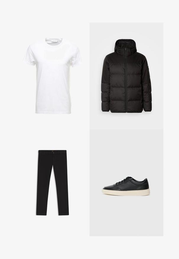 Black puffer jacket features a zip closure, a hood, quilted sections, and elastic cuffs, made from a smooth, water-resistant material.; White cotton t-shirt with short sleeves, crew neck design, and a smooth texture. Label visible at the neckline. Simple and classic style.; Black trousers made of fabric with a smooth texture. Features a button closure, belt loops, and side pockets. Standard straight-leg design.; Black low-top leather sneaker with black laces and off-white sole shown in side profile on white background.