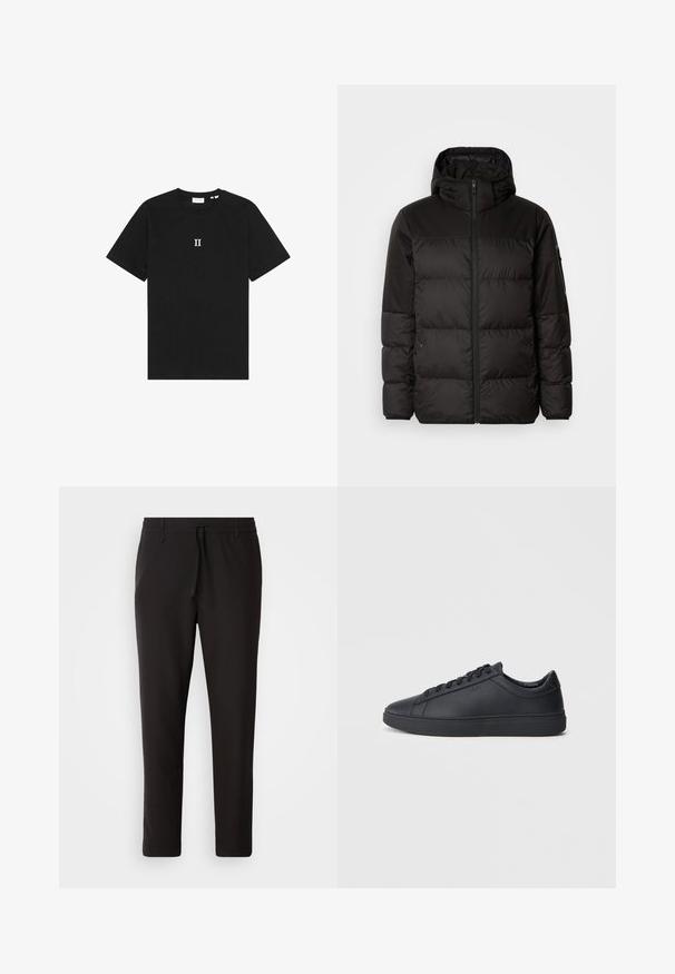 La chaqueta acolchada negra tiene un cierre de cremallera, capucha, secciones acolchadas y puños elásticos, hecha de un material suave y resistente al agua.; Camiseta de algodón negra con mangas cortas y escote redondo. Centrado en el pecho se encuentra el texto impreso en blanco "II."; Pantalones de chándal negros de tejido suave. Cuentan con una cintura elástica con cordón, piernas ajustadas y sin bolsillos visibles. Diseño sencillo.; Zapatillas negras de cuero liso con diseño bajo, puntera redonda y suela plana de goma. Presentan cordones y una marca sutil.