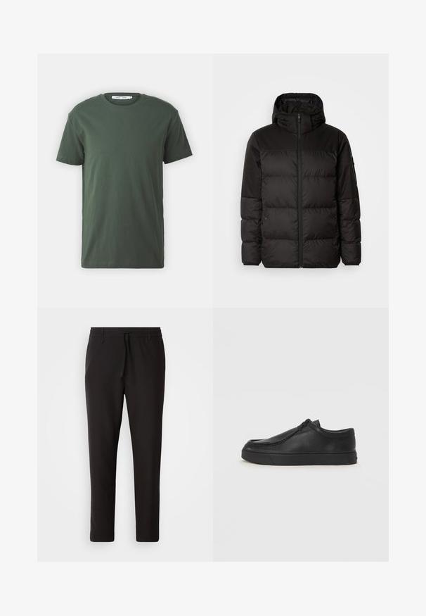 Μαύρο μπουφάν με φερμουάρ, κουκούλα, παραγεμισμένα τμήματα και ελαστικές μανσέτες, κατασκευασμένο από λείο, αδιάβροχο υλικό.; Σκούρο πράσινο βαμβακερό μπλουζάκι, κοντά μανίκια, στρογγυλή λαιμόκοψη, άνετη εφαρμογή, απλός σχεδιασμός και λεία υφή χωρίς ορατά μοτίβα ή διακοσμητικά στοιχεία.; Μαύρο παντελόνι τζόγκινγκ φτιαγμένο από λείο ύφασμα. Διαθέτει ελαστική μέση με κορδόνι, κωνικά πόδια και χωρίς ορατές τσέπες. Απλός σχεδιασμός.; Μαύρο δερμάτινο παπούτσι slip-on με στρογγυλή μύτη, ραφές και μαύρη καουτσούκ σόλα. Λείο υλικό με μινιμαλιστικό σχέδιο.