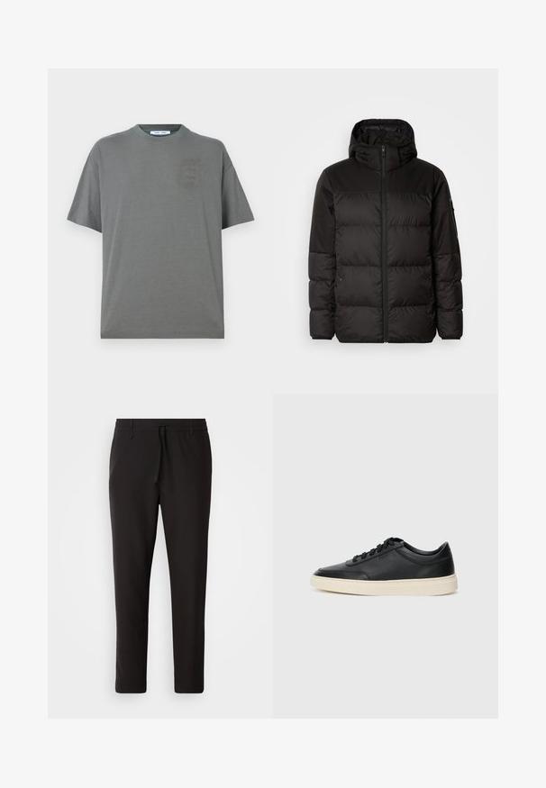 Zwarte pufferjas met ritsluiting, een capuchon, gequiltte secties en elastische manchetten, gemaakt van een glad, waterafstotend materiaal.; Grijze katoenen t-shirt met een ronde hals, korte mouwen en een klein, subtiel logo aan de voorkant. Eenvoudig ontwerp met een ontspannen pasvorm.; Zwarte joggingsbroek van gladde stof. Kenmerkt zich door een elastische tailleband met een trekkoord, taps toelopende benen en geen zichtbare zakken. Eenvoudig ontwerp.; Zwarte leren sneaker met lage schacht, zwarte veters en off-white zool, weergegeven in zijprofiel op een witte achtergrond.