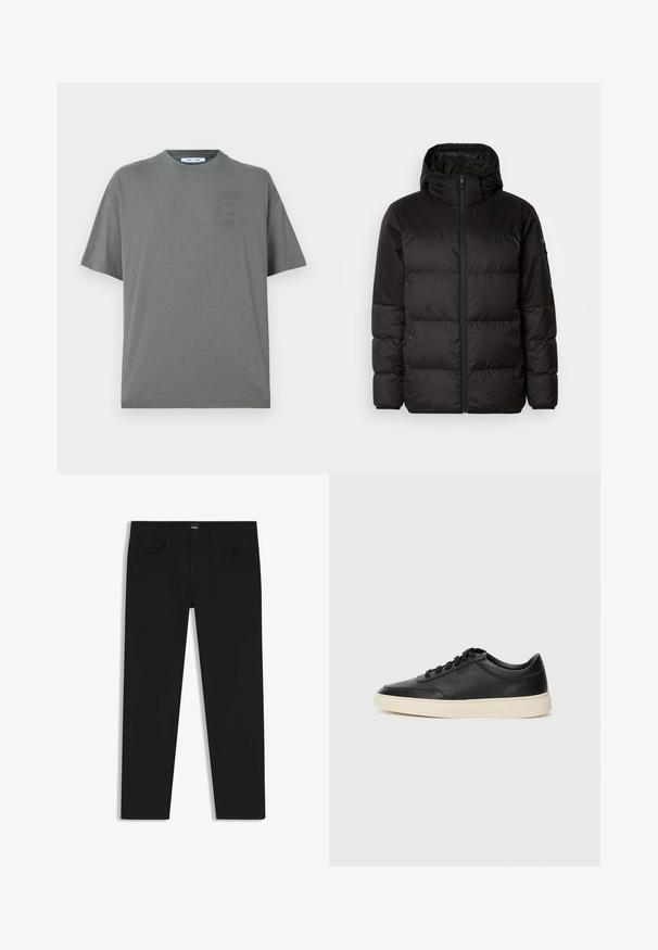 Svart puffjacka med blixtlås, huva, quiltade sektioner och elastiska mudd, tillverkad av ett slätt, vattentåligt material.; Grå bomulls t-shirt med rund hals, kort ärm och en liten, subtil logotyp på framsidan. Enkelt design med avslappnad passform.; Svarta denimbyxor med rak passform, med en standard midja, fem fickor och knäppning med knapp. Slät yta genomgående.; Svart låg skor i läder med svarta snören och off-white sula, visas i sidoprofil på vit bakgrund.