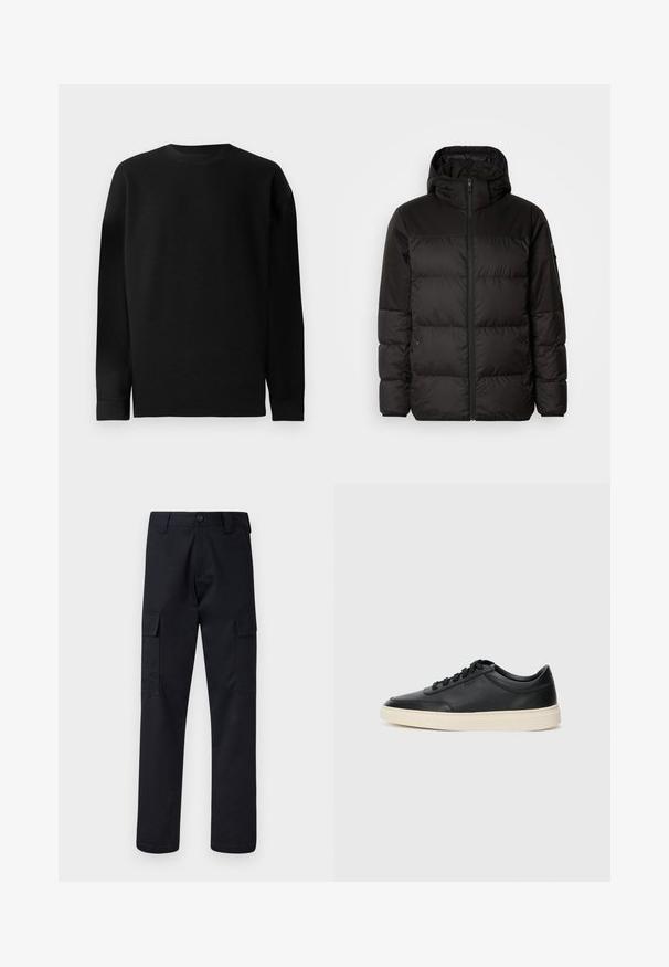 Melna pūkainā jakā iezīmes ir rāvējslēdzēja aizdare, kapuce, kvadrātveida šuves un elastīgas aproces, izgatavota no gludas, ūdensizturīgas vielas.; Melnas garām piedurknēm džemperis, izgatavots no ribota materiāla. Tam ir apaļa kakla izgriezne un taisna apakšmala ar pieguļošiem piedurkņu galiem. Vienkāršs un vienkrāsains dizains.; Melni kravas bikses, kas izgatavotas no izturīga auduma, ar taisnu kāju griezumu, divām sānu kabatām un pogu aizdari jostas vietā.; Melnas zemas ādas sporta kurpes ar melnām auklām un off-white zoli, rādītas no sānu profila uz baltā fona.